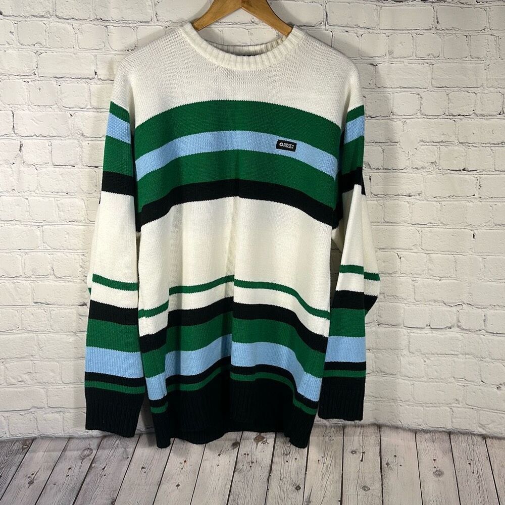 South Pole Authentic Collection Mens Blue Black Colorblock Striped Sweater L Lar